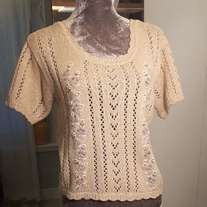 Jump💝Tricots VINTAGE Linen/COTTON Blend Knit WITH FLORAL EMBROIDERY Sz M